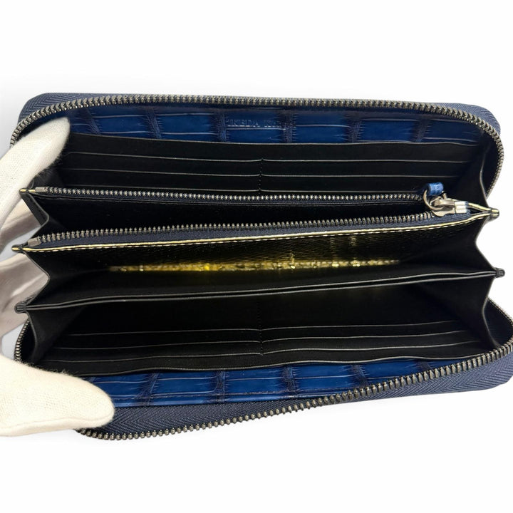 未使用品□池田工芸 イケダコウゲイ クロコダイル ポロサス 藍染 ホールカット レザーロングウォレット 長財布 ネイビー メンズ 箱付き