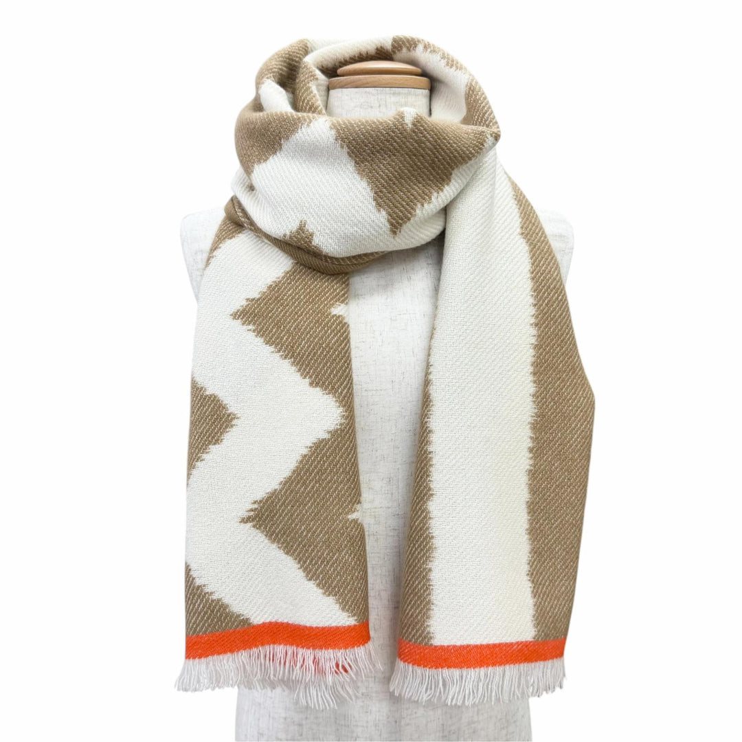 極美品△HERMES エルメス イカット エレクトロ カシミヤ100％ フリンジ ストール ショール マフラー ブラウン アイボリー オレンジ
