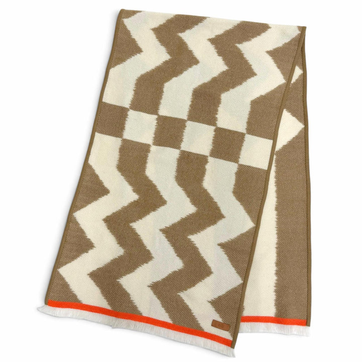 極美品△HERMES エルメス イカット エレクトロ カシミヤ100％ フリンジ ストール ショール マフラー ブラウン アイボリー オレンジ