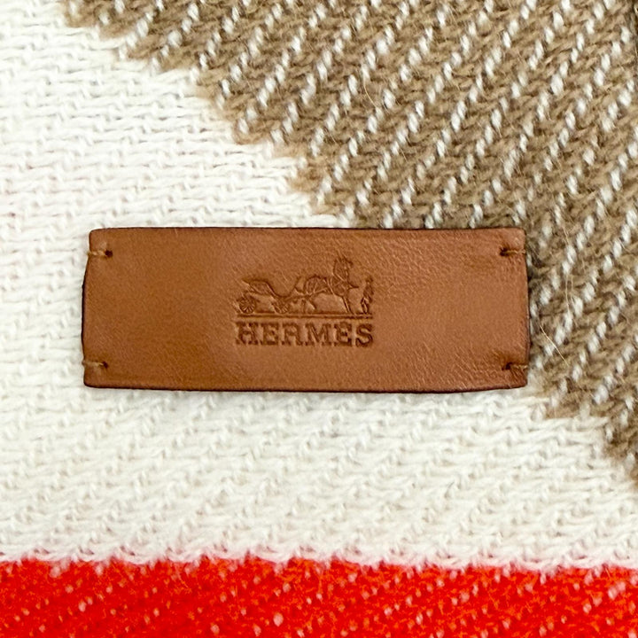 極美品△HERMES エルメス イカット エレクトロ カシミヤ100％ フリンジ ストール ショール マフラー ブラウン アイボリー オレンジ