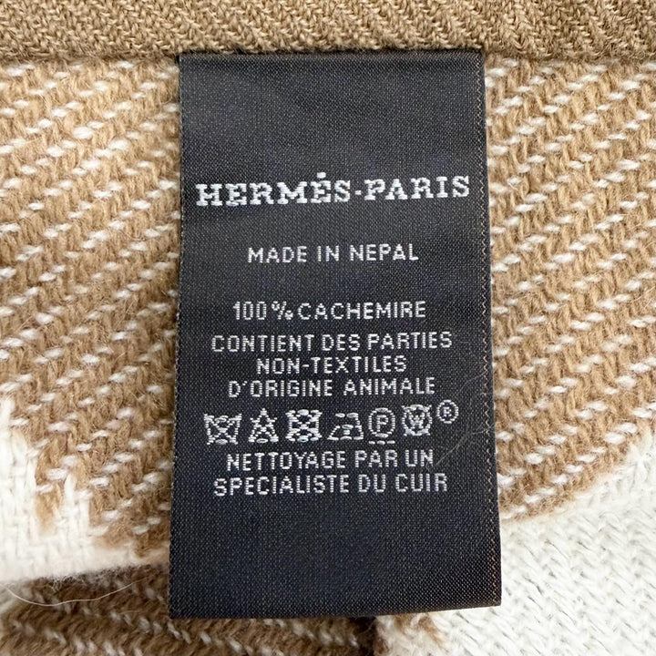 極美品△HERMES エルメス イカット エレクトロ カシミヤ100％ フリンジ ストール ショール マフラー ブラウン アイボリー オレンジ