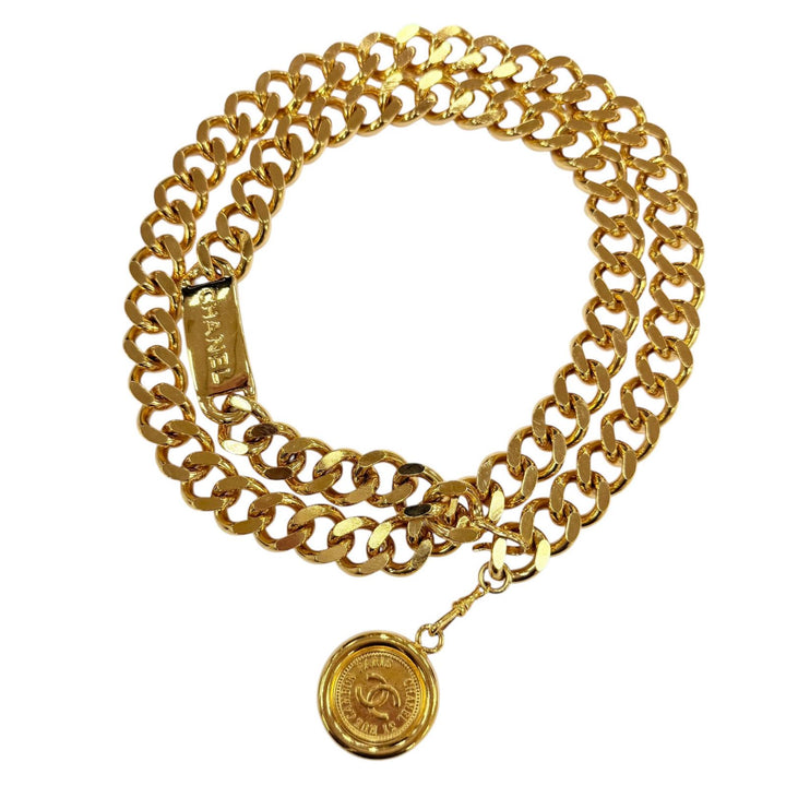 美品☆CHANEL シャネル ヴィンテージ 93A メタル ロゴプレート・ココマークコイン チェーンベルト ゴールド レディース 箱付き