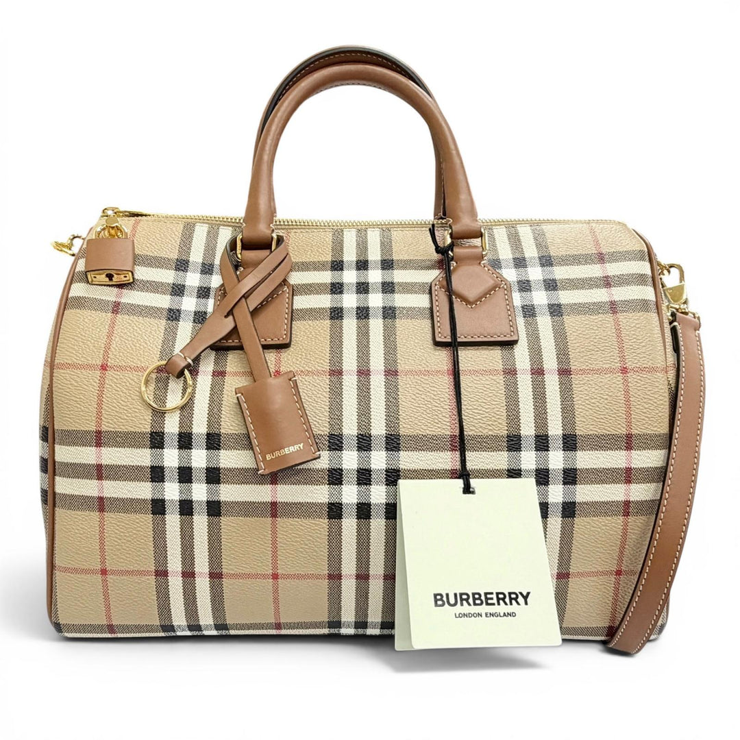 極美品△Burberrys バーバリー 8071355 ミディアム ボウリング バッグ ノバチェック柄 2WAY ボストンバッグ ショルダーバッグ ベージュ