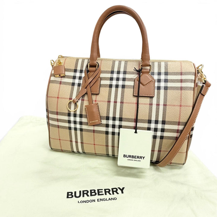 極美品△Burberrys バーバリー 8071355 ミディアム ボウリング バッグ ノバチェック柄 2WAY ボストンバッグ ショルダーバッグ ベージュ
