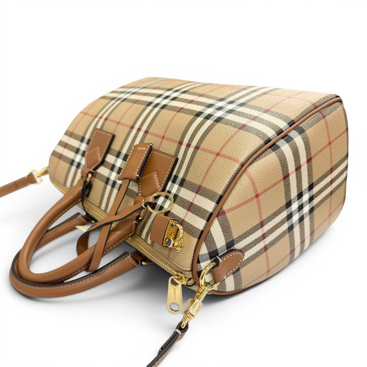 極美品△Burberrys バーバリー 8071355 ミディアム ボウリング バッグ ノバチェック柄 2WAY ボストンバッグ ショルダーバッグ ベージュ