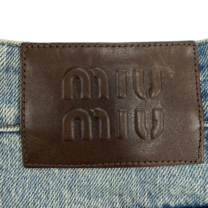 美品☆MIUMIU ミュウミュウ 2023年製 GWP498 ロゴレザーパッチ デニム ショートパンツ インディゴブルー 25 伊製 正規品 レディース