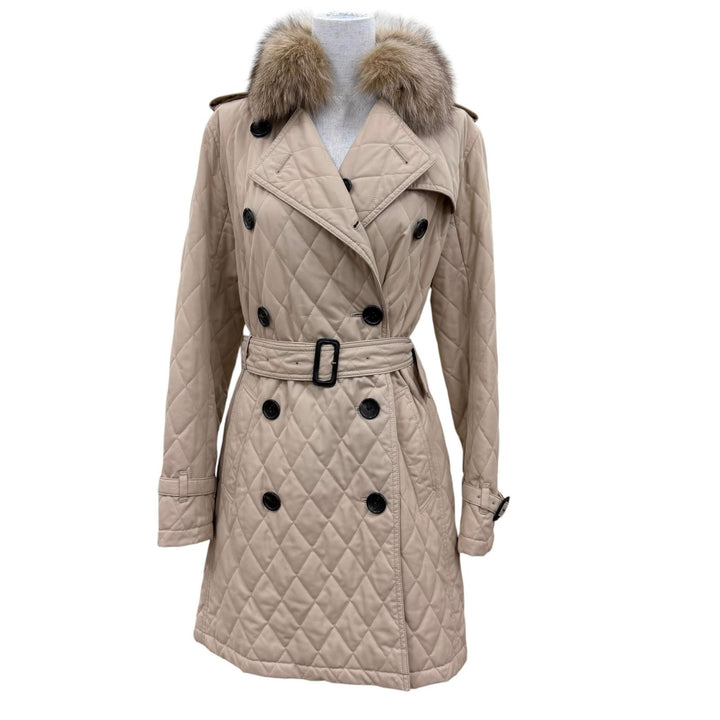 美品☆BURBERRY LONDON バーバリーロンドン フォックスファー ノバチェック柄 キルティングコート トレンチコート ベージュ 40 正規品