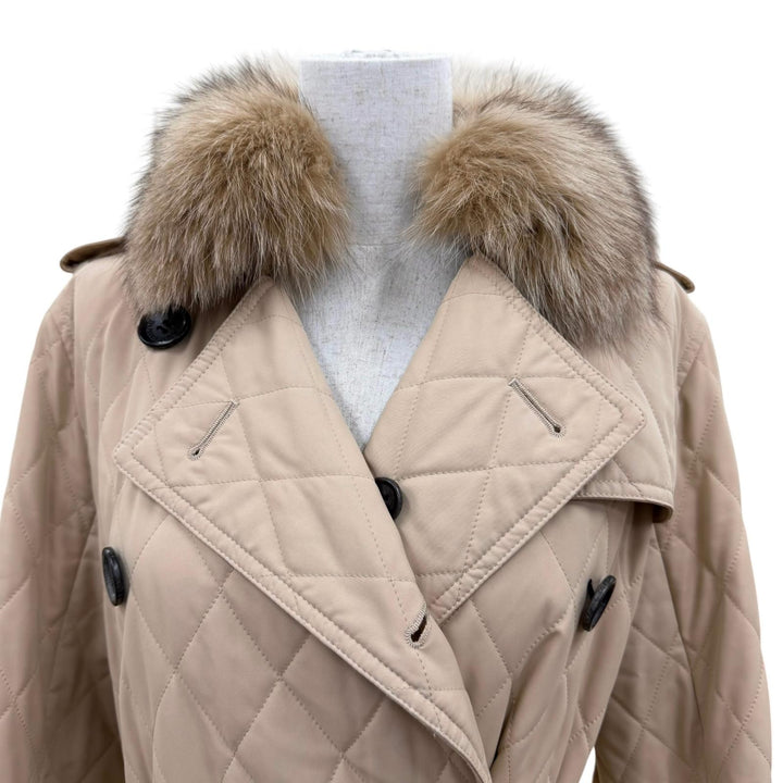 美品☆BURBERRY LONDON バーバリーロンドン フォックスファー ノバチェック柄 キルティングコート トレンチコート ベージュ 40 正規品