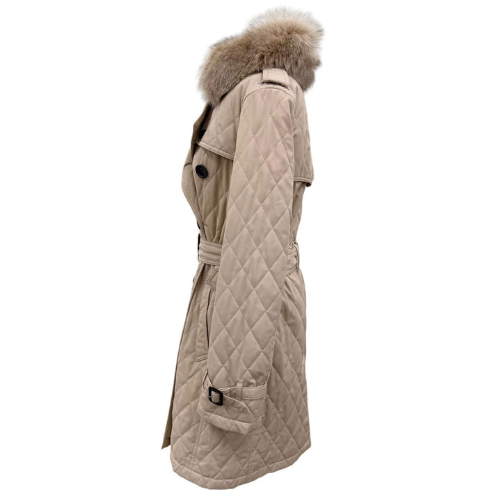 美品☆BURBERRY LONDON バーバリーロンドン フォックスファー ノバチェック柄 キルティングコート トレンチコート ベージュ 40 正規品