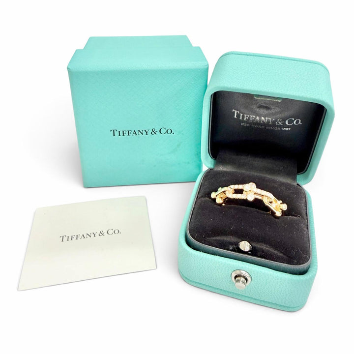 美品△TIFFANY&amp;Co. ティファニー ハードウェア スモール リンク リング AU750 ダイヤモンド 750(PG) d0.26 24年6月購入 15 JP10号 9.56g