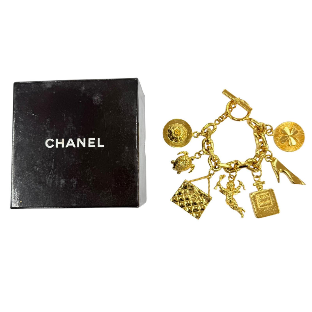 美品☆CHANEL シャネル ヴィンテージ メタル アイコンチャーム 7連 バングル ブレスレット ゴールド 重量205g レディース 箱付き