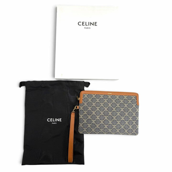 美品△CELINE セリーヌ 10J502GX5.07PM ストラップ付き キュイル トリオンフ スモールポーチ キャンバス レザー ネイビー エクリュ タン