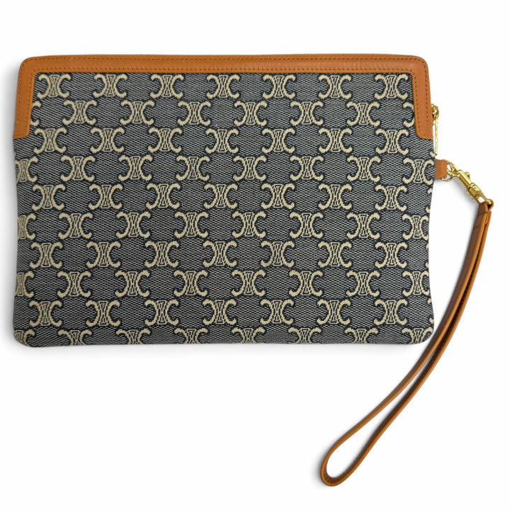 美品△CELINE セリーヌ 10J502GX5.07PM ストラップ付き キュイル トリオンフ スモールポーチ キャンバス レザー ネイビー エクリュ タン