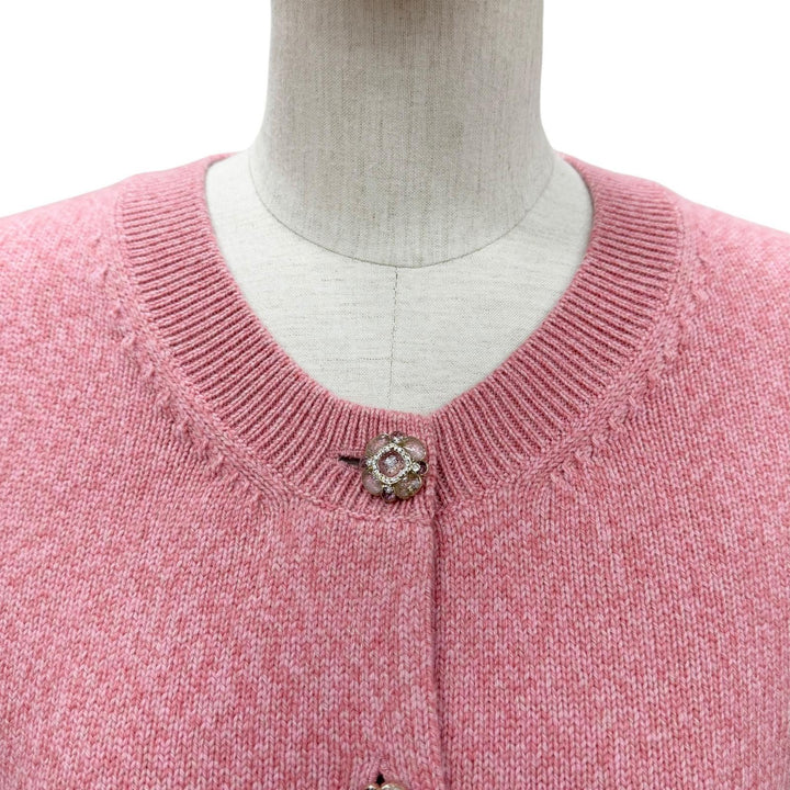 未使用品◇CHANEL シャネル P77545 カシミヤ98% グリポア風 カメリアボタン カーディガン ピンク 40 フランス製 正規品 レディース