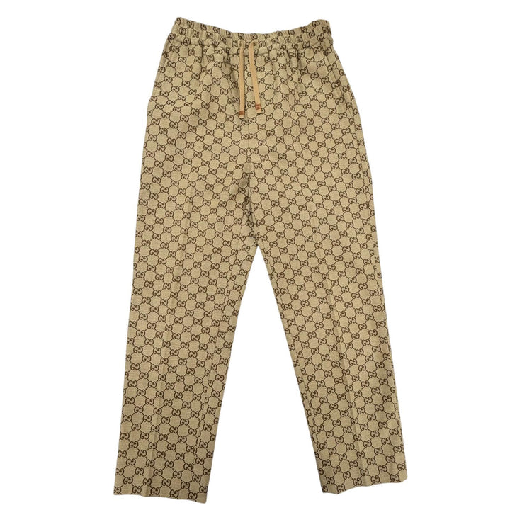 極美品◇GUCCI グッチ 755210 コットン ロゴボタン付 GG総柄 レザー使い イージーパンツ ジョガーパンツ ブラウン 44 伊製 正規品 メンズ