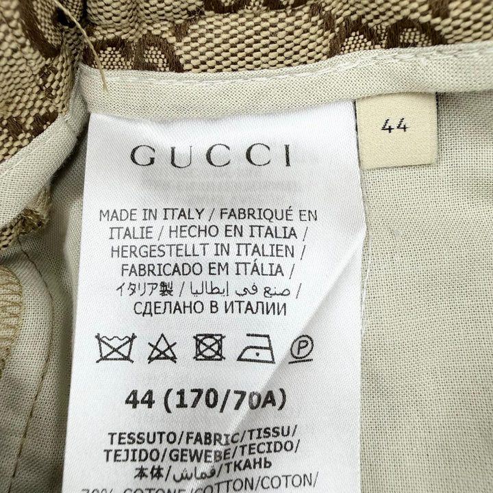 極美品◇GUCCI グッチ 755210 コットン ロゴボタン付 GG総柄 レザー使い イージーパンツ ジョガーパンツ ブラウン 44 伊製 正規品 メンズ