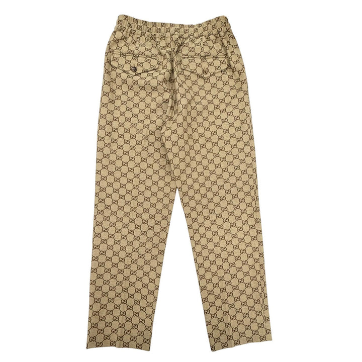極美品◇GUCCI グッチ 755210 コットン ロゴボタン付 GG総柄 レザー使い イージーパンツ ジョガーパンツ ブラウン 44 伊製 正規品 メンズ