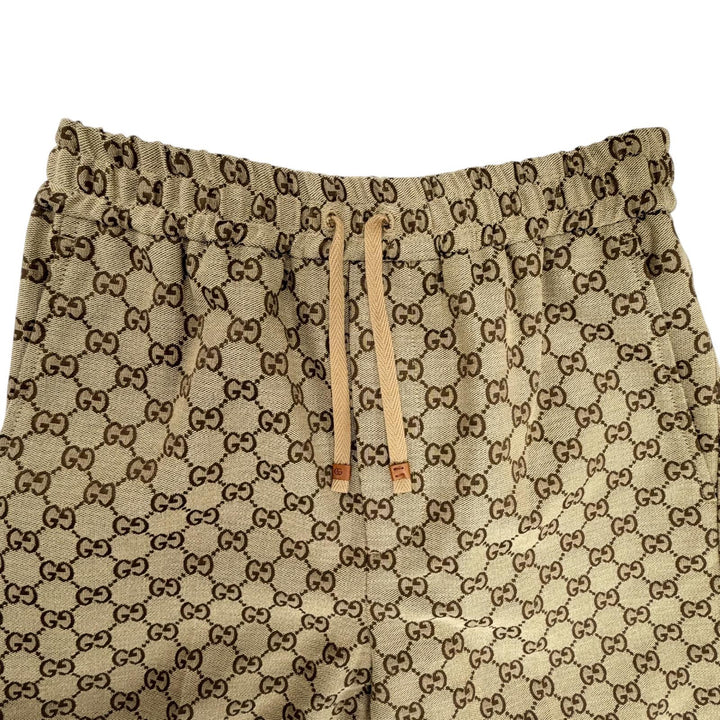 極美品◇GUCCI グッチ 755210 コットン ロゴボタン付 GG総柄 レザー使い イージーパンツ ジョガーパンツ ブラウン 44 伊製 正規品 メンズ