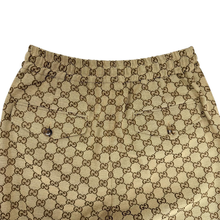 極美品◇GUCCI グッチ 755210 コットン ロゴボタン付 GG総柄 レザー使い イージーパンツ ジョガーパンツ ブラウン 44 伊製 正規品 メンズ