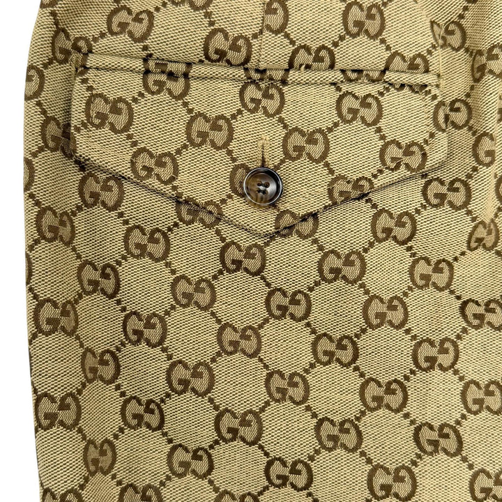 極美品◇GUCCI グッチ 755210 コットン ロゴボタン付 GG総柄 レザー使い イージーパンツ ジョガーパンツ ブラウン 44 伊製 正規品 メンズ