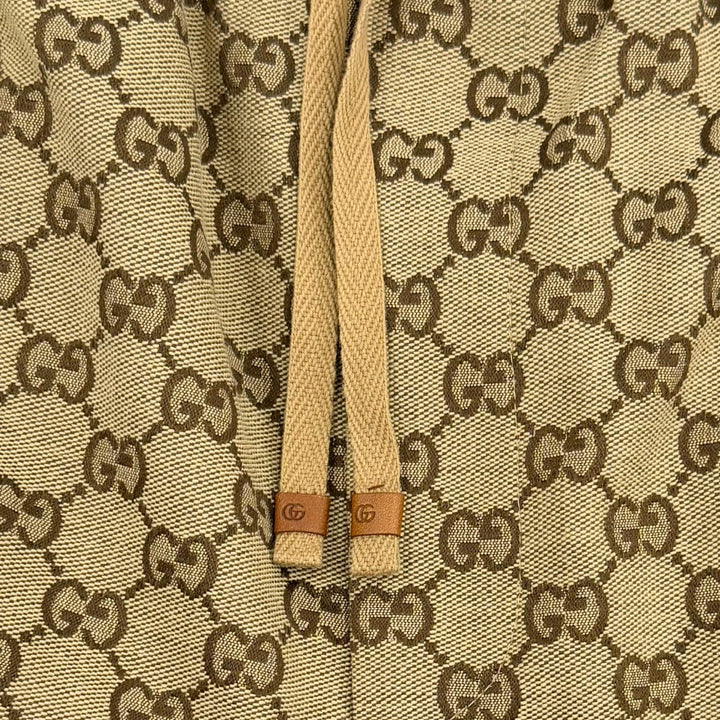 極美品◇GUCCI グッチ 755210 コットン ロゴボタン付 GG総柄 レザー使い イージーパンツ ジョガーパンツ ブラウン 44 伊製 正規品 メンズ