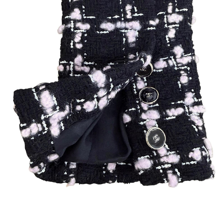 極美品◇CHANEL シャネル 25AW P80418 ウール ココボタン フリンジ付 ツイード コート ブラック ピンク 34 フランス製 正規品 レディース