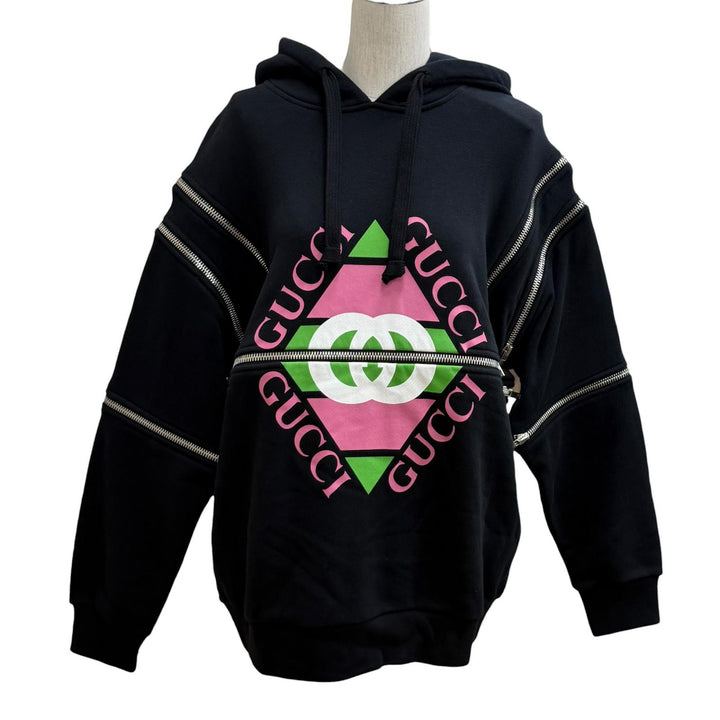 極美品★GUCCI グッチ 22AW 718409 コットン100％ ジップデザイン ロゴフーディ パーカー ブラック XS イタリア製 正規品 レディース