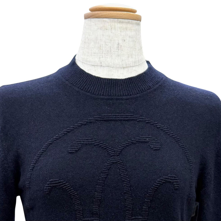美品△HERMES エルメス 2024年製 4E2604D1 カシミヤ100％ Hリフト 長袖 ニット セーター ダークネイビー 34 イギリス製 レディース
