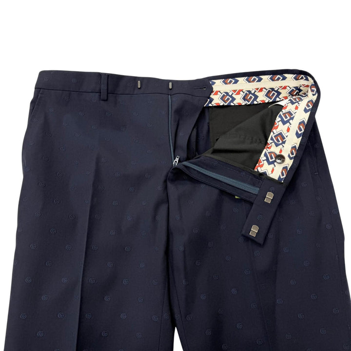 極美品□GUCCI グッチ 692041 ウール100％ GGロゴ総柄 シングル スラックス トラウザーズ パンツ ネイビー 52 スイス製 正規品 メンズ