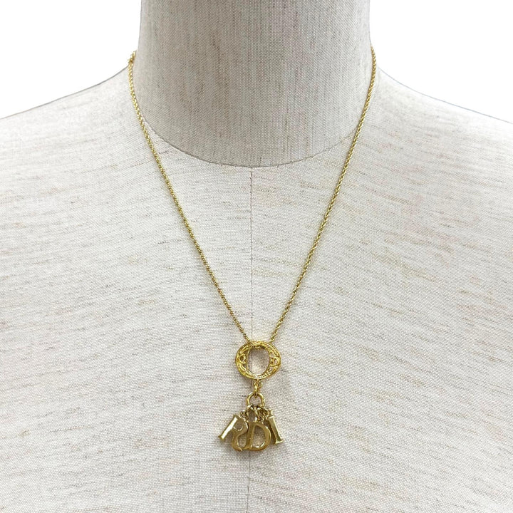 美品★Christian Dior クリスチャンディオール ヴィンテージ ロゴモチーフ ロープチェーン ネックレス ペンダント ゴールド レディース