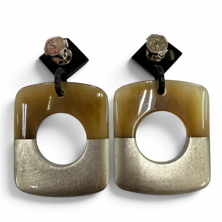 良品☆HERMES エルメス バッファローホーン セリエ金具ポスト アクセサリー ピアス ベージュ シルバー ダークブラウン レディース 箱付き