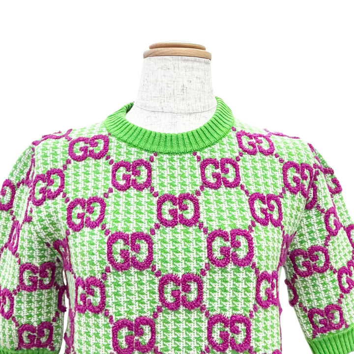 極美品△GUCCI グッチ 731014 ウール GG柄 半袖 ニット ワンピース ミニ丈 グリーン パープル系 XS イタリア製 正規品 レディース 箱付き