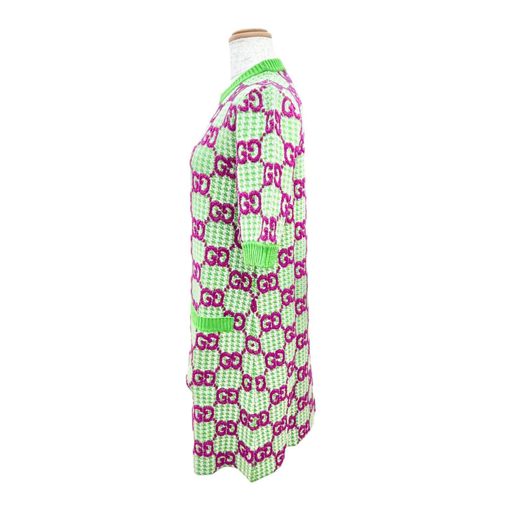 極美品△GUCCI グッチ 731014 ウール GG柄 半袖 ニット ワンピース ミニ丈 グリーン パープル系 XS イタリア製 正規品 レディース 箱付き