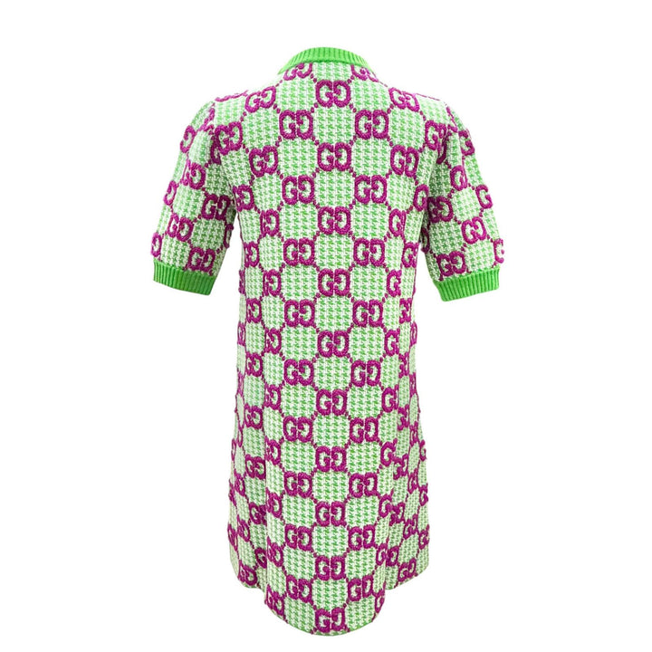 極美品△GUCCI グッチ 731014 ウール GG柄 半袖 ニット ワンピース ミニ丈 グリーン パープル系 XS イタリア製 正規品 レディース 箱付き