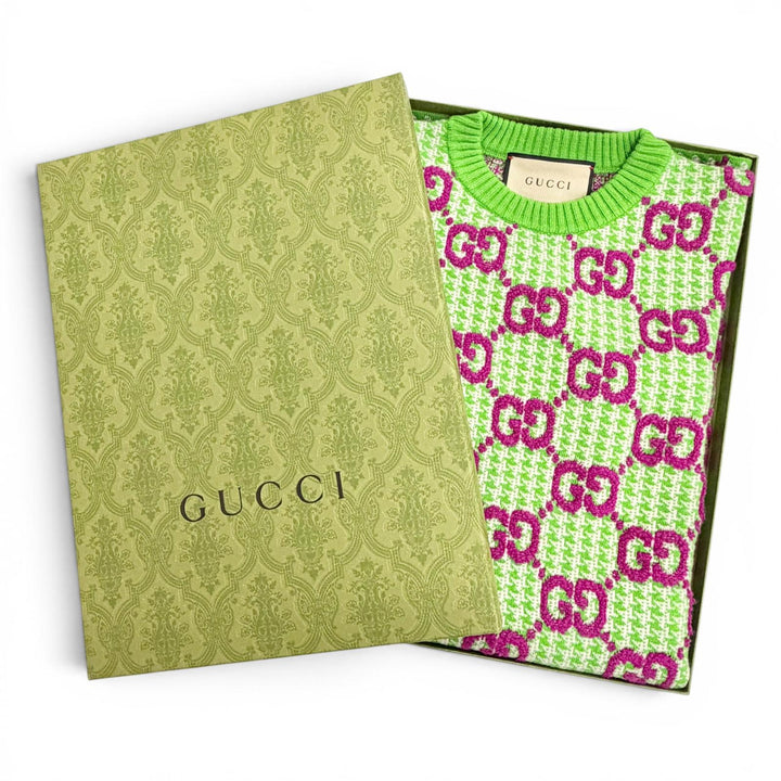 極美品△GUCCI グッチ 731014 ウール GG柄 半袖 ニット ワンピース ミニ丈 グリーン パープル系 XS イタリア製 正規品 レディース 箱付き