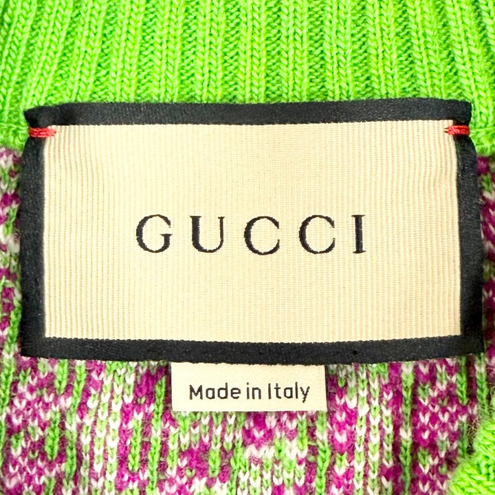極美品△GUCCI グッチ 731014 ウール GG柄 半袖 ニット ワンピース ミニ丈 グリーン パープル系 XS イタリア製 正規品 レディース 箱付き