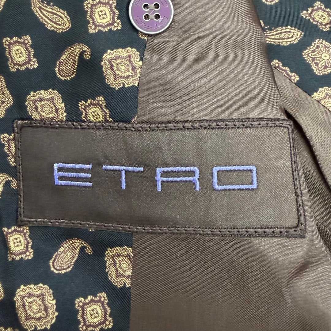 未使用品□ETRO エトロ ストライプ 裏ペイズリー柄/シルク100％ シングルスーツ セットアップ チャコールグレー 46 イタリア製 正規品