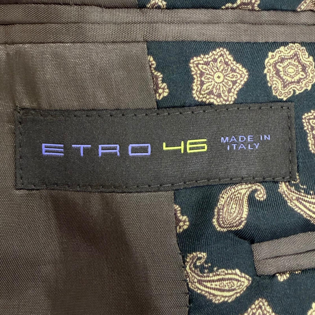 未使用品□ETRO エトロ ストライプ 裏ペイズリー柄/シルク100％ シングルスーツ セットアップ チャコールグレー 46 イタリア製 正規品