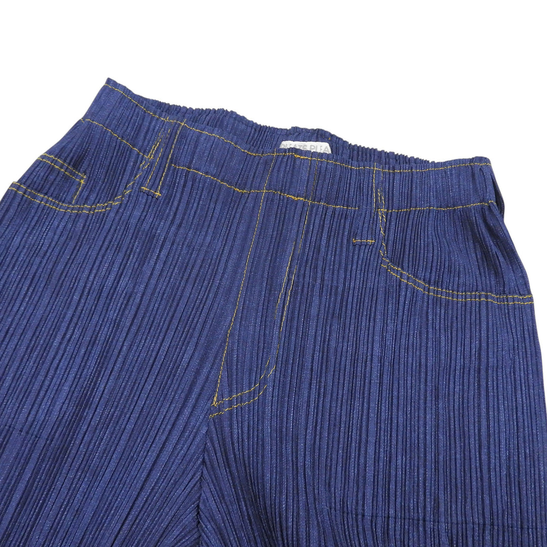 極美品▲PLEATS PLEASE プリーツプリーズ イッセイミヤケ PP75-JF022 デニム転写 プリーツ パンツ インディゴ 2 日本製 正規品 レディース