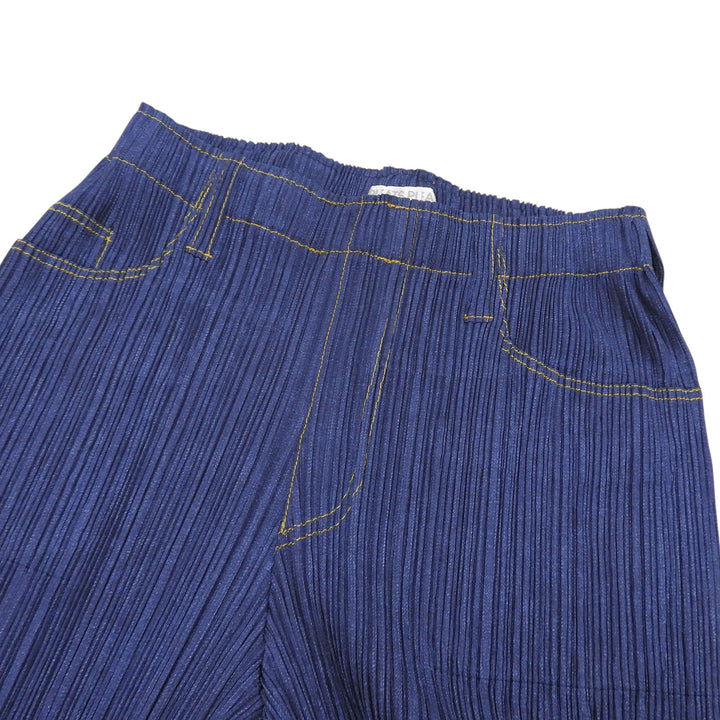 極美品▲PLEATS PLEASE プリーツプリーズ イッセイミヤケ PP75-JF022 デニム転写 プリーツ パンツ インディゴ 2 日本製 正規品 レディース