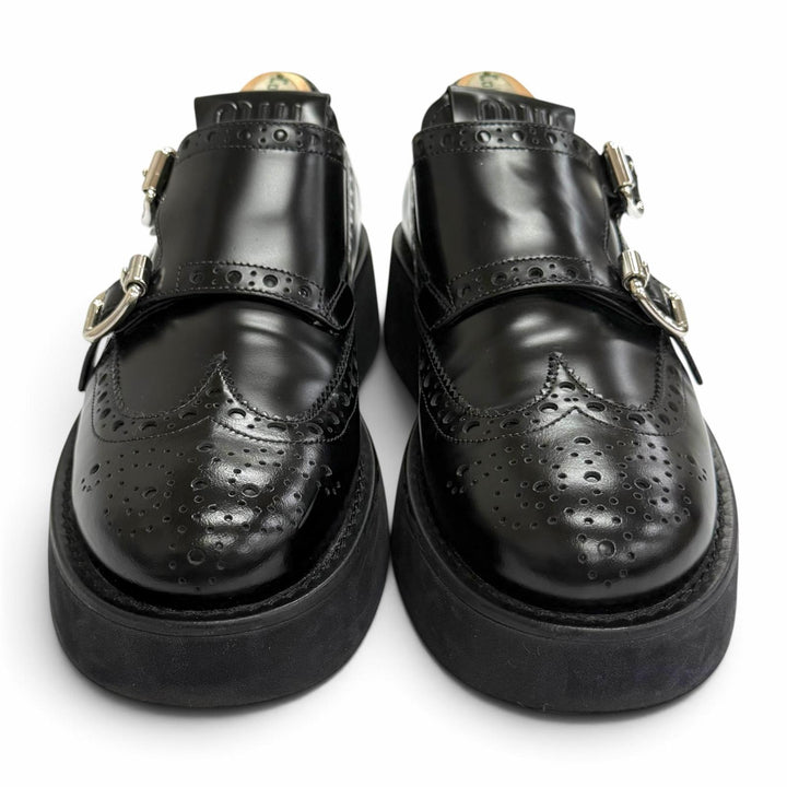 美品△MIUMIU ミュウミュウ レザー ロゴ ウィングチップ ダブルモンク 厚底 ローファー ブラック シルバー金具 IT 36 伊製 レディース