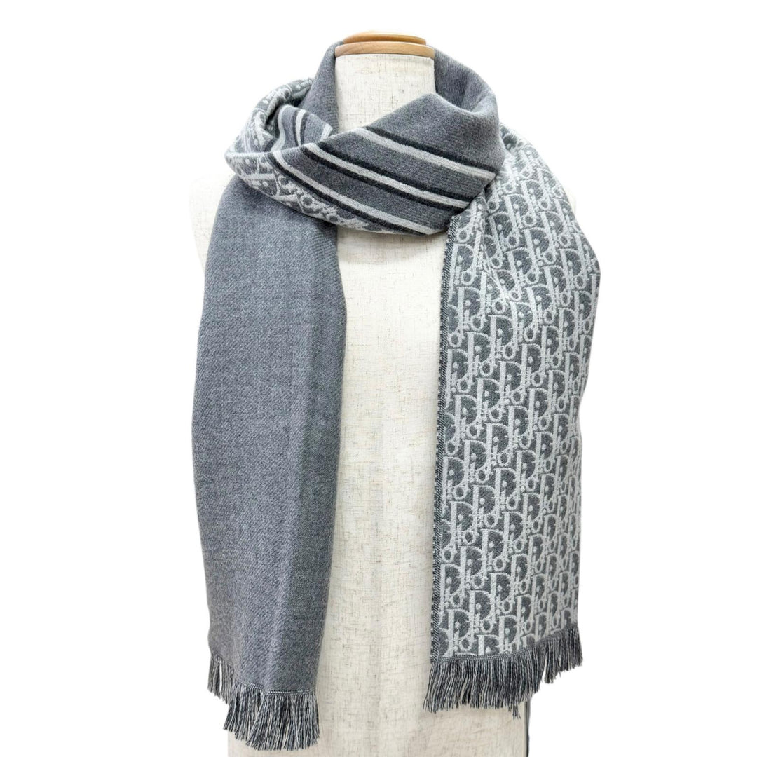 美品△DIOR ディオール オム 18E0005A0479 トロッター ウール100％ フリンジ ロング マフラー グレー イタリア製 正規品 レディース