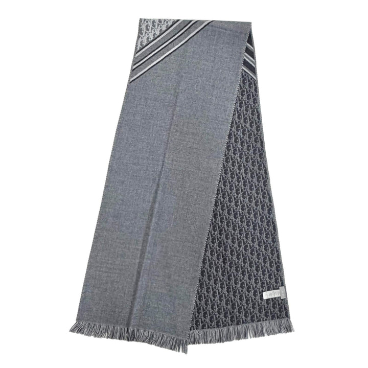 美品△DIOR ディオール オム 18E0005A0479 トロッター ウール100％ フリンジ ロング マフラー グレー イタリア製 正規品 レディース