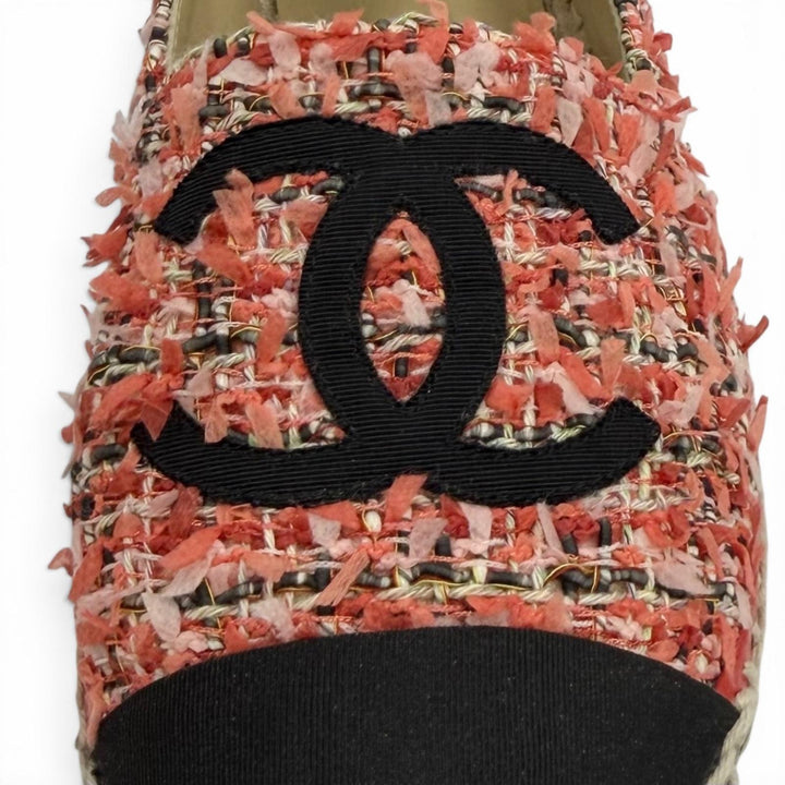 美品★CHANEL シャネル G29762 ココマーク リボンツイード エスパドリーユ スリッポン ピンク ブラック 36 スペイン製 箱・保存袋付き