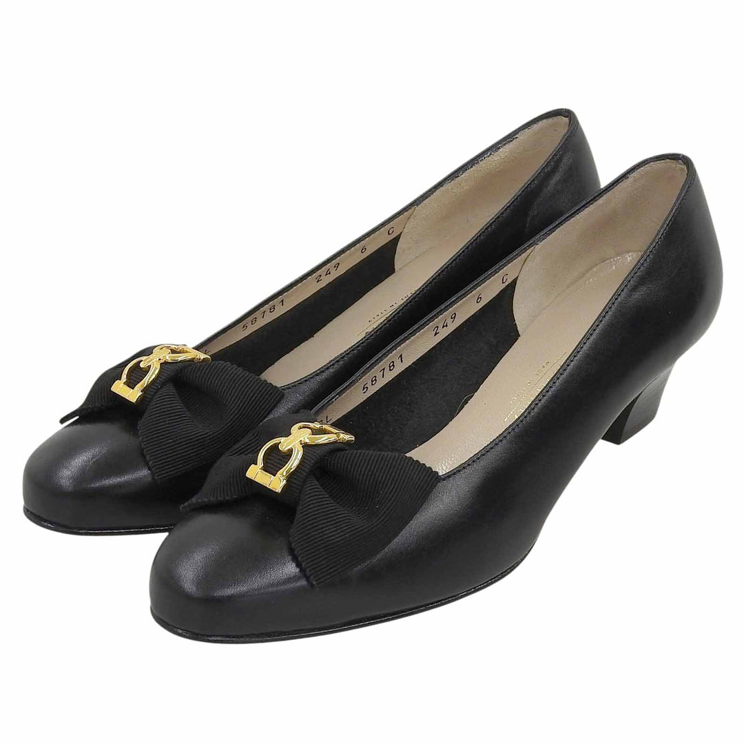 未使用品▲Salvatore Ferragamo サルヴァトーレフェラガモ SENATO ガンチーニ リボンデザイン レザー パンプス 6 伊製 箱・保存袋付き