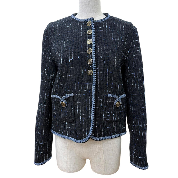 極美品☆ETRO エトロ 2024年製 コットン ロゴボタン ツイード ノーカラージャケット ブラック ブルー系 40 イタリア製 正規品 レディース