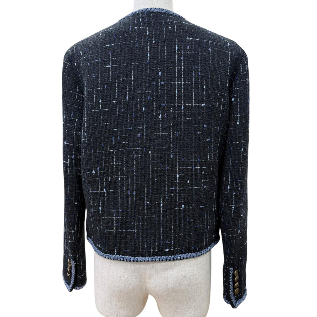 極美品☆ETRO エトロ 2024年製 コットン ロゴボタン ツイード ノーカラージャケット ブラック ブルー系 40 イタリア製 正規品 レディース