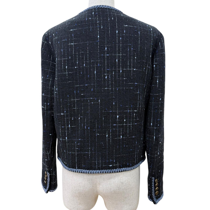 極美品☆ETRO エトロ 2024年製 コットン ロゴボタン ツイード ノーカラージャケット ブラック ブルー系 40 イタリア製 正規品 レディース