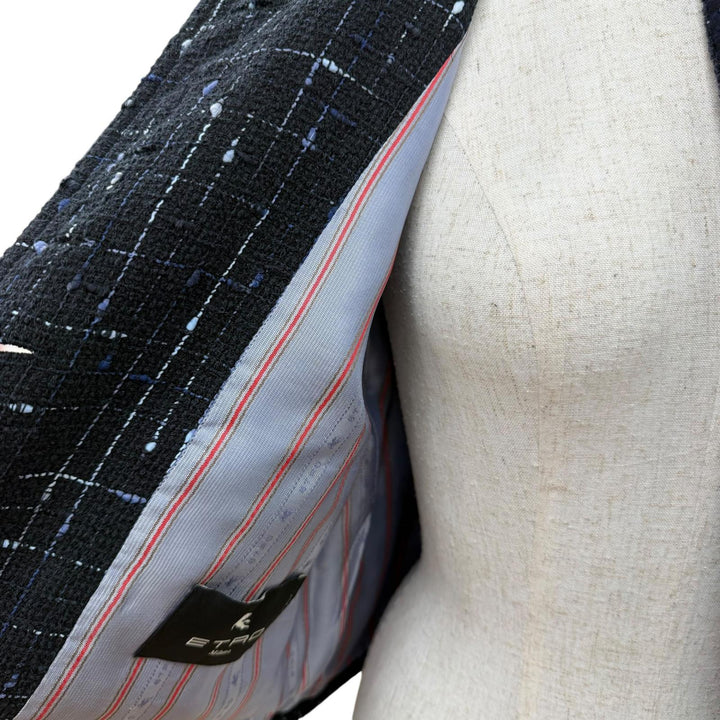 極美品☆ETRO エトロ 2024年製 コットン ロゴボタン ツイード ノーカラージャケット ブラック ブルー系 40 イタリア製 正規品 レディース