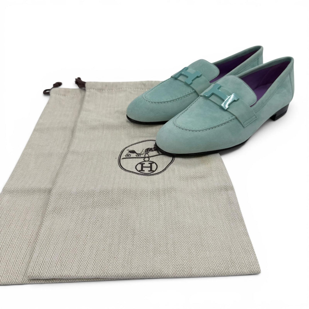 未使用品☆HERMES エルメス モカシンパリ Hロゴ スウェードレザー ローファー ブルーグリーン系 35 イタリア製 レディース 保存袋付き